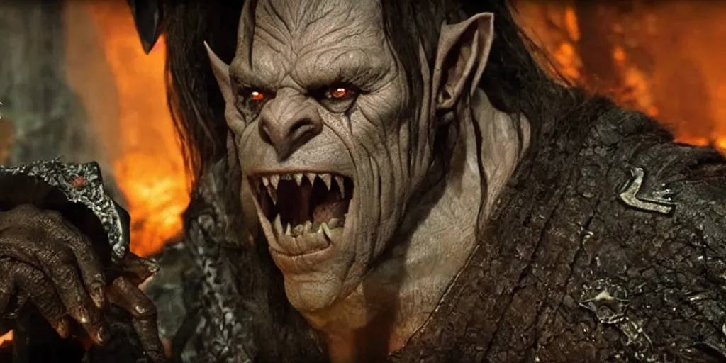 Image similar to A sneaky orc joins the Council of Elrond and steals the One Ring, cinematic HD 8K Peter Jackson