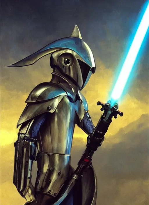 Image similar to blue thresher shark wearing medieval knight armor, shark holding a lightsaber, fantasy, wonderful masterpiece highly detailed, scifi, beautiful cinematic light deep focus, elegant, digital painting, smooth, sharp focus, golden ratio, dramatic illumination, ultra realistic, 8 k, art by ilya kuvshinov, artgerm, alphonse mucha, and greg rutkowski