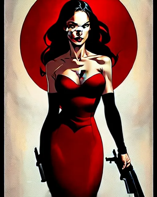 Image similar to artgerm, joshua middleton comic cover art, full body pretty megan fox holding a shotgun, red dress, symmetrical eyes, symmetrical face, long curly black hair, dark city background, cinematic lighting