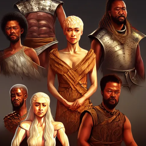 Prompt: the cast of game of thrones as african, anatomy, bathed in light, highly detailed, photorealistic, artstation, smooth, sharp focus, illustration, unreal engine 5, 8 k, art by artgerm and greg rutkowski and edgar maxence