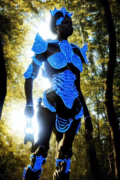 Image similar to hyperrealistic mithra goregous black woman exoskeleton bone armor in a forest sun behind her concept art eric zener elson peter cinematic blue light low angle hd 8k sharp shallow depth of field