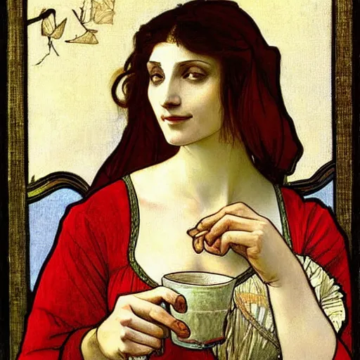 Image similar to a beautiful arrogant surreal greek lady drinking tea looking disdained, rennaisance painting, by leonardo da vinci and alphonse mucha