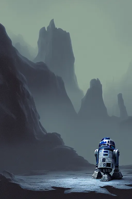 Image similar to r 2 d 2 at the front of a cave, smoke, apocalyptic moody style by rob zombie by arthur haas and bruce pennington and john schoenherr, cinematic matte painting, zaha hadid building, photo realism, dark moody color palate, blue hour stars, desolate glacial landscape,