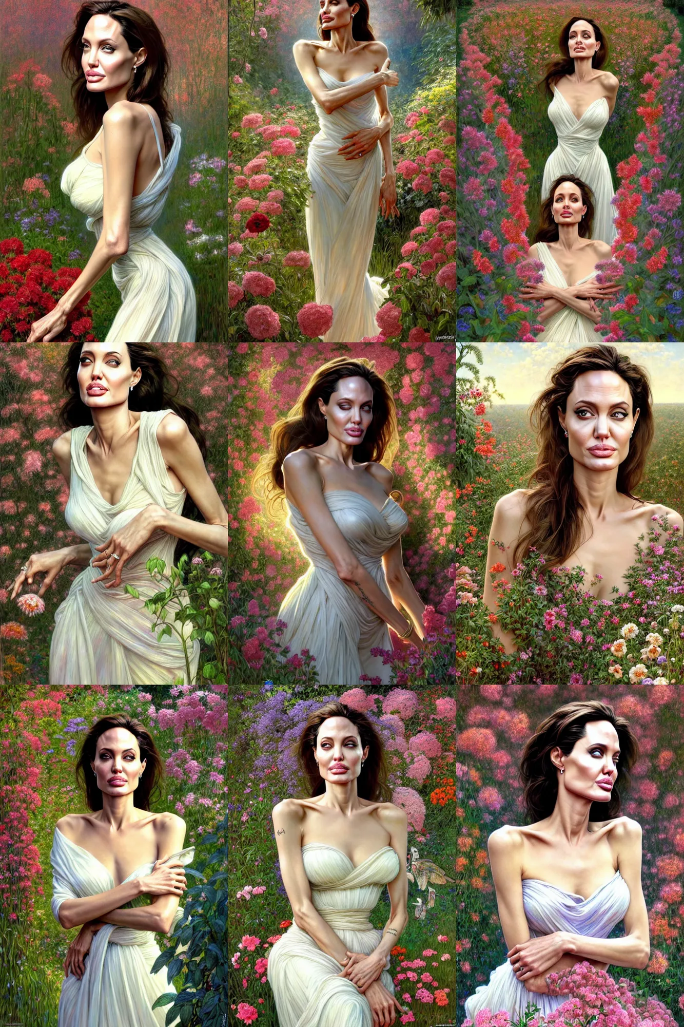 Prompt: clear portrait of angelina jolie, attractive, women, cottagecore, background hyper detailed flower garden, character concept, full body, dynamic pose, flowing gown, glowing lights!!, intricate, elegant, highly detailed, digital painting, artstation, smooth, lit from above, art by norman rockwell, greg rutkowski and alphonse mucha