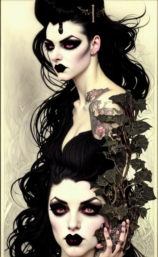 Prompt: with goth girl lips, eyes, jaw and long, thick shining black hair, thick eyebrows and long eyelashes, wearing in black clothes, beautiful eyes, burlesque psychobilly, rockabilly, punk, white background, drawing, illustration by fantasy art, in the style of greg rutkowski, intricate, alphonse mucha, hyper detailed, smooth