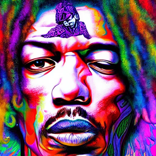 Prompt: An extremely psychedelic portrait of Jimi Hendrix, surreal, LSD, face, detailed, intricate, elegant, lithe, highly detailed, digital painting, artstation, concept art, smooth, sharp focus, illustration