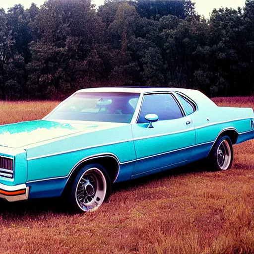 Prompt: A photograph of a beater!!!!!!!!! Powder Blue Dodge Aspen (1976) in a farm field, photo taken in 1989