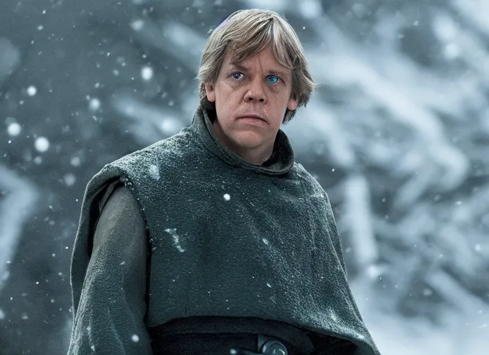 Image similar to luke skywalker in hbo's succession, snowing green particles from the sky, alien planet