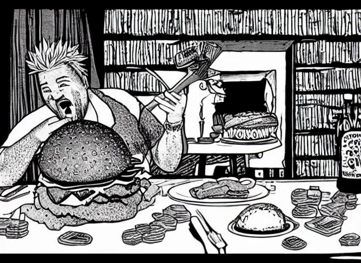 Image similar to guy fieri eating a giant bacon cheeseburger in flavortown, by edward gorey