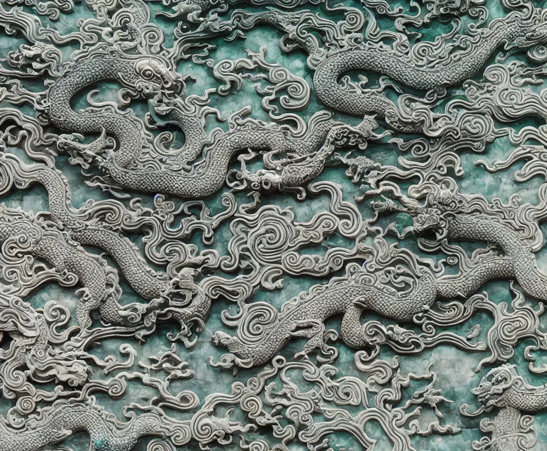 Prompt: an intricately detailed jade dragon soaring over ancient chinese temples