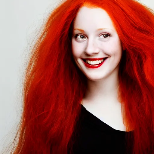 Image similar to artistic photo of a young beautiful woman with red hair looking at the camera, smiling slightly, studio lighting, award winning photo by Annie Liebowitz