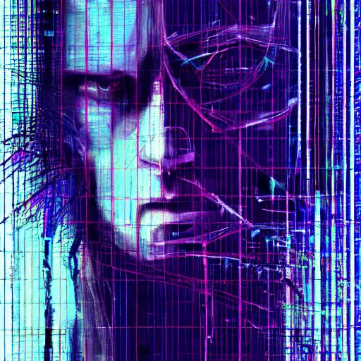 Prompt: hyperrealistic portrait of a cyberpunk man, long hair, cyberspace, by Guy Denning, Johannes Itten, Russ Mills, glitch art, hacking effects, glitch effects, digital tech effects, cybernetics, detailed lines, chromatic, color blocking!, oil on canvas, highly detailed, symmetrical, octane, concept art, abstract, blue and violet, 8k, cinematic, trending on artstation