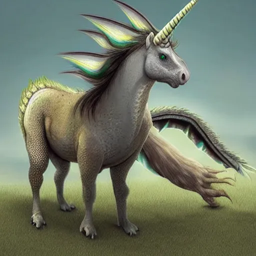 Prompt: a dragon and a unicorn fused into a new animal