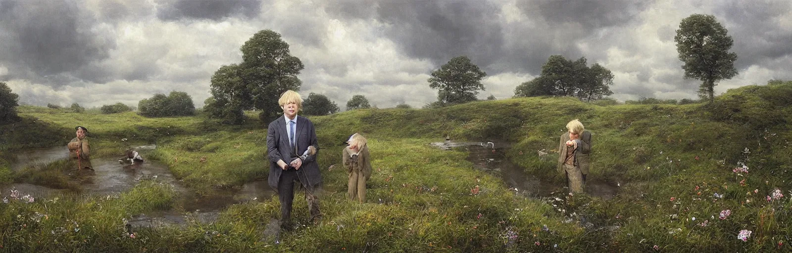 Prompt: A meadow with Boris Johnson standing in the middle of a stream, wide landscape, illustration, detailed, smooth, soft, warm, by Adolf Lachman, Shaun Tan, Surrealism