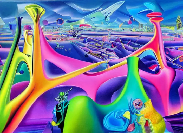 Image similar to an extremely high quality hd surrealism painting of a 3d galactic neon complimentary-colored cartoon surrealism melting optically illusiony high-contrast zaha hadid futuristic city concept by kandsky and salvia dali the second, salvador dali's much much much much more talented painter cousin, clear shapes, 8k, realistic shading, ultra realistic, super realistic