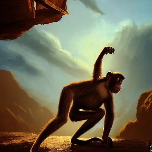 Image similar to a monkey throwing a bone to the air , dramatic lighting, cinematic, establishing shot, extremly high detail, photorealistic, cinematic lighting, artstation, style by James Gurney