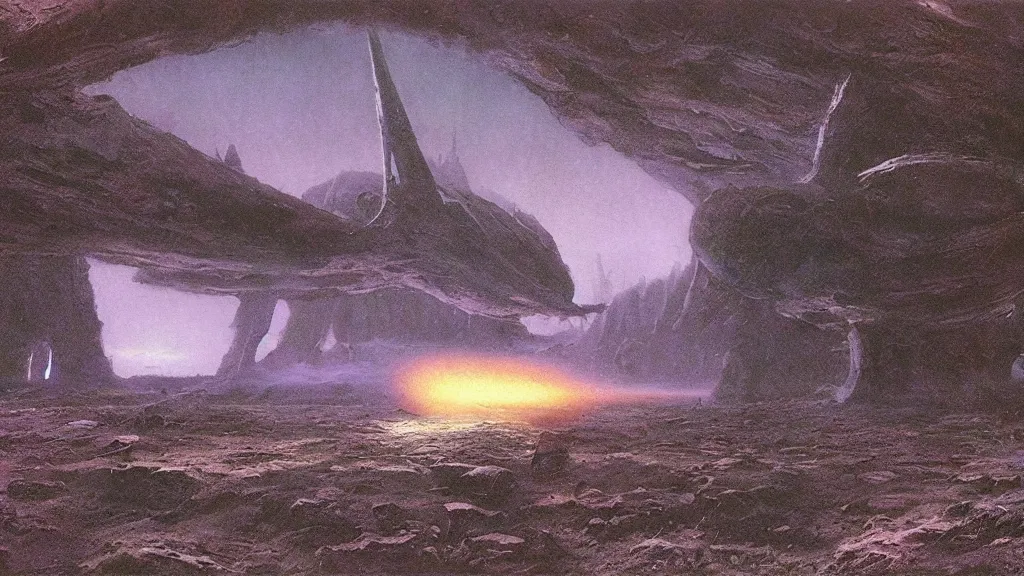 Image similar to eerie atmospheric alien planet with a small organic dropship landing by jack gaughan and bob eggleton and chris moore, epic cinematic matte painting
