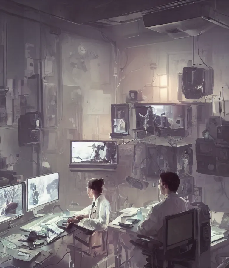 Image similar to a cloes up portrait of a researcher in a white coat in front of a computer and screens in a painting from stalenhag, 4 k, 8 k, hdr, artstation