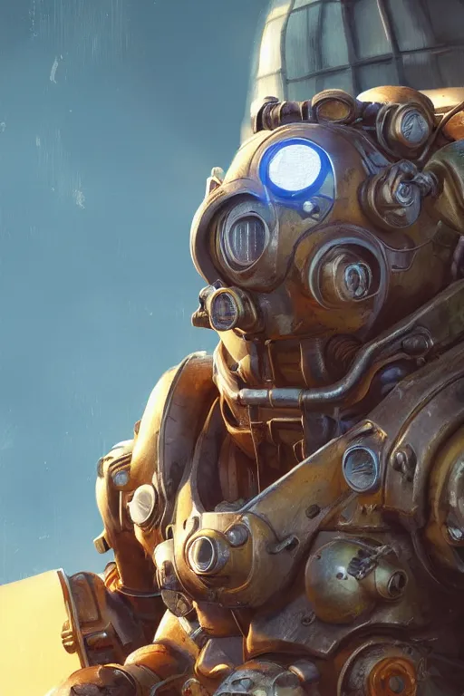 Image similar to hardmesh retro futurist steampunk fallout 7 6 power armor, hyper realistic, art cover, official fanart behance hd artstation by jesper ejsing, by rhads, makoto shinkai, unreal engine, radiating a glowing aura global illumination ray tracing hdr