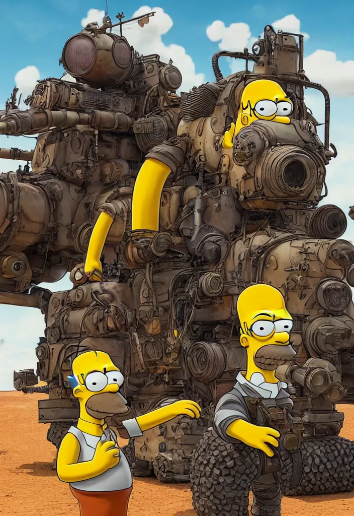 Prompt: Homer Simpson in Fury Road Road Warrior movie, borderlands 4k render