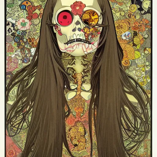 Image similar to manga skull portrait girl female skeleton realism hyperrealistic art Geof Darrow and will cotton alphonse mucha pop art nouveau