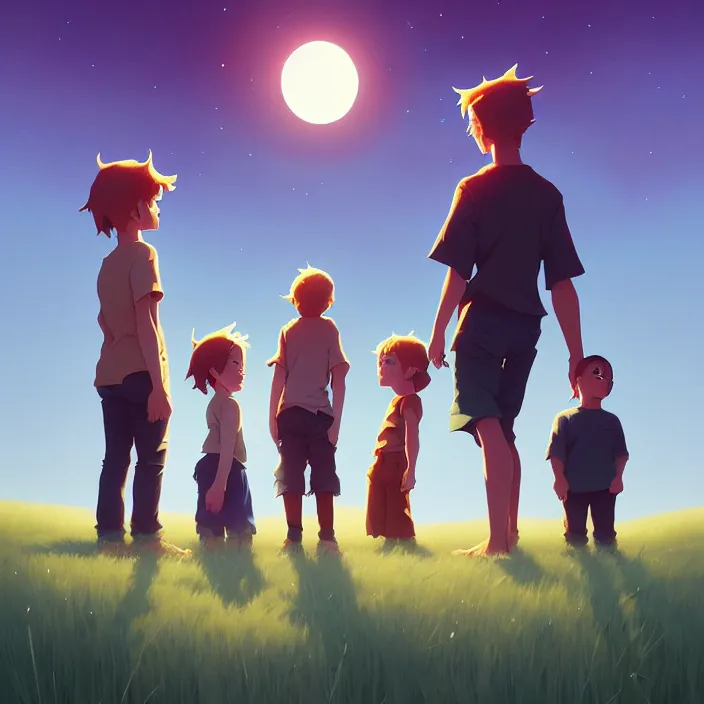 Prompt: the three children are standing in a grassy field at night. james and sally are looking at mark, who looks sad. in marble incrusted of legends official fanart behance hd by jesper ejsing, by rhads, makoto shinkai and lois van baarle, ilya kuvshinov, rossdraws global illumination