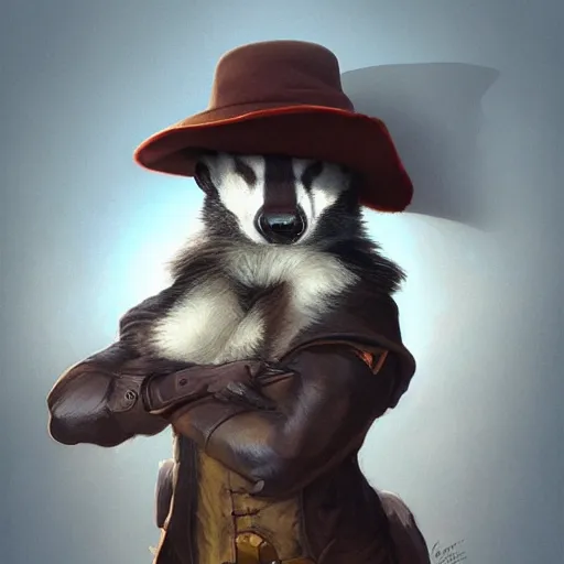 Prompt: a badger with a hat, centered full body pose, zenith angle, shadowy area, dramatic lighting, concept art, digital painting, Unreal Engine 5, 8K, art by artgerm and Greg Rutkowski and Alphonse Mucha