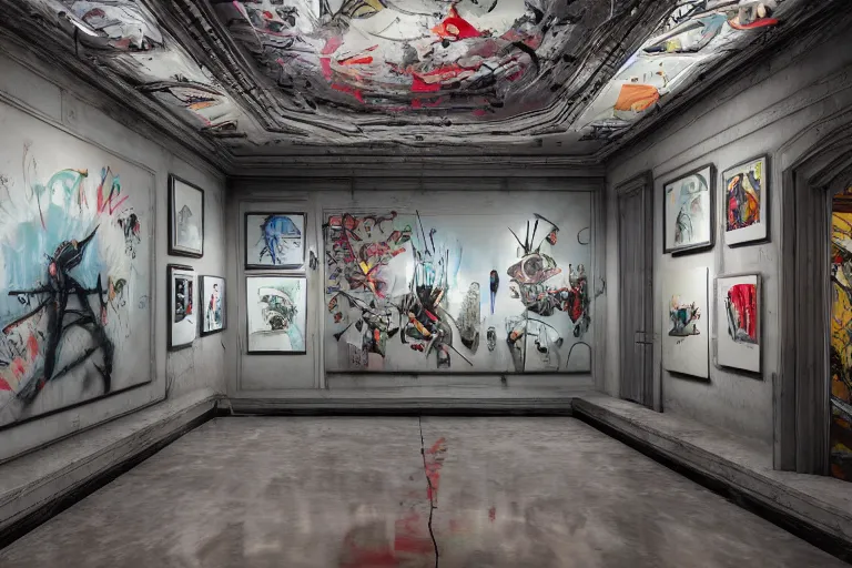 Prompt: interior futuristic art gallery wide angle highly detailed by ricardo boffil, wall hanging paintings of grafitti art by saturno butto and wlod, captivating 8 k hdr, octane render godrays