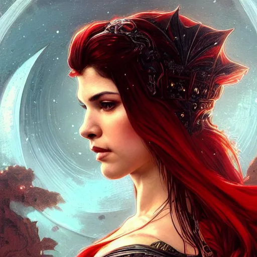 Prompt: beautiful Marie Avgeropoulos as The Red Queen, Blodreina, sci-fi, closeup, D&D, fantasy, intricate, elegant, highly detailed, digital painting, artstation, concept art, matte, sharp focus, illustration, art by Artgerm and Greg Rutkowski and Alphonse Mucha