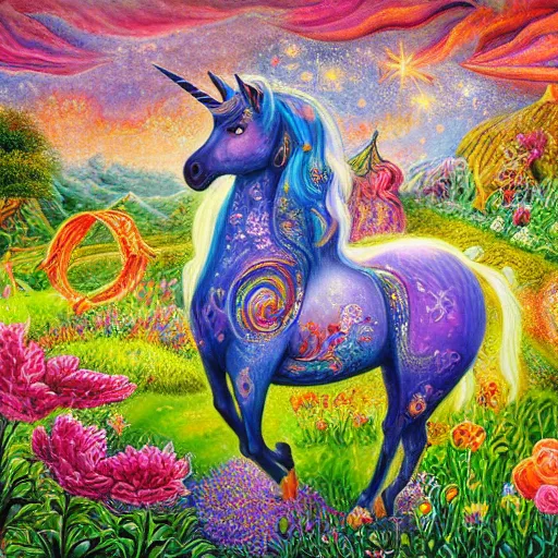 Prompt: beautiful unicorn with long flowing mane standing in field of flowers, detailed painting in the style of josephine wall 4 k