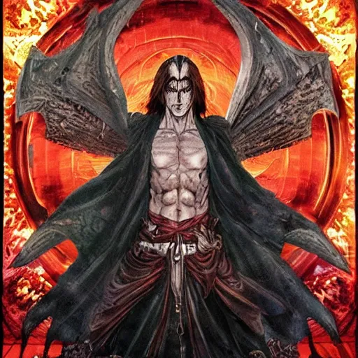 Image similar to 4K headshot portrait of godlike Warlock of Nazareth with defined arms and open hands and bloody clothes with giant mandala wings , intricate face , flawless anime cel animation by Kentaro Miura, psychedelic , highly detailed upper body , professionally post-processed , beautiful, scary, symmetry accurate features, epic, octane rendered, anime masterpiece, accurate by Craig Mullins, ilya kuvshinov, krenz cushart, epic , artgerm trending on artstation by Edward Hopper and Dan Mumford and WLOP and Rutkovsky, beksinski carl spitzweg moebius and tuomas kocar, intricate artwork by caravaggio, Unreal Engine 5, Lumen, Nanite