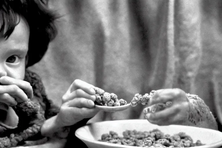 Prompt: E.T. eating a bowl of Cheerios cereal black and white Spielberg 35mm film cinematic 4k