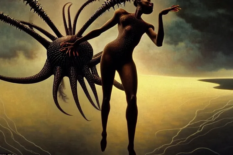 Image similar to realistic detailed portrait movie shot of a beautiful black woman dancing with a giant spider, futuristic sci fi landscape background by denis villeneuve, jean deville, yves tanguy, ernst haeckel, alphonse mucha, max ernst, caravaggio, roger dean, sci fi necklace, fashion, masterpiece, rich moody colours