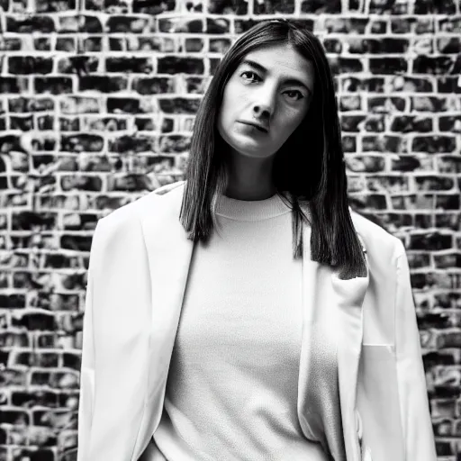 Prompt: un ultra high definition editorial photographic portrait of a female designer standing outside her trendy red brick london home wearing all white. wide angle. three point light. golden hour, golden ratio, ray tracing, volumetric light and shadow, shallow depth of field.