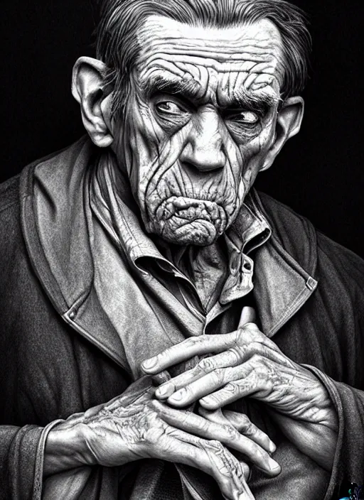 Image similar to photo of a nasty old man with a hunchback in the style of stefan kostic, realistic, sharp focus, 8 k high definition, insanely detailed, intricate, elegant, art by stanley lau and artgerm