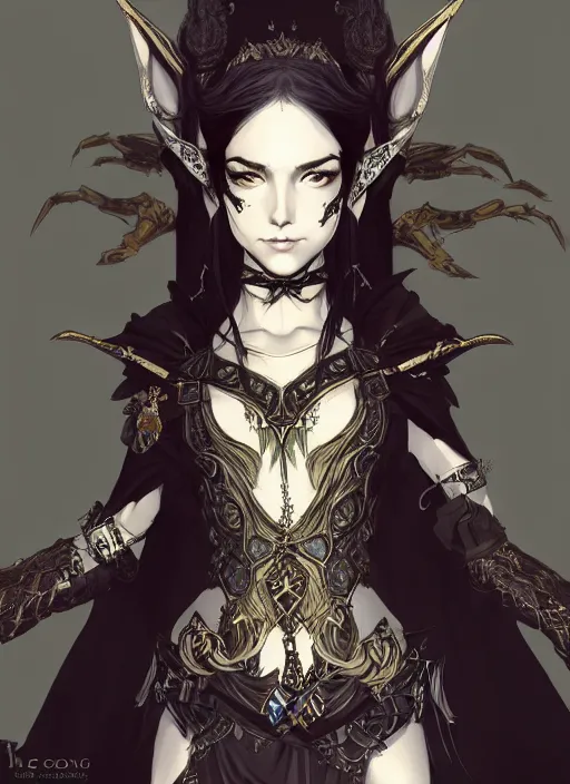 Prompt: Half body portrait of a smiling young beautiful elven female in ornate rogue attire. In style of Yoji Shinkawa and Hyung-tae Kim, trending on ArtStation, dark fantasy, great composition, concept art, highly detailed, dynamic pose.