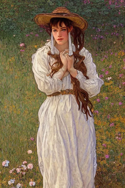 Prompt: beautiful natural coy liv tyler cottagecore peasant maiden farmer girl by the riverside, intricate, elegant, highly detailed, digital painting, artstation, concept art, smooth, sharp focus, illustration, art alphonse mucha and james gurney and egon schiele