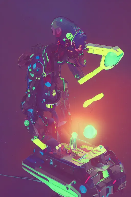 Image similar to a black kid playing with a futuristic robot in the nature, mixing solarpunk, afropunk, cyberpunk, ( ( ( ( volumetric light ) ) ) ), high angle, part by pearl fryar, part by prince damah, sunny day, trending on artstation, cinematic view, illustration, painting.