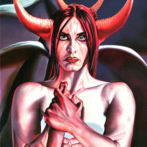 Image similar to portrait of a female demon with horns, by alex ross