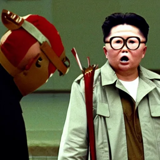 Prompt: a still of Kim Jong-il as Jason Voorhees, north Korean slasher, iconic hockey mask, machete