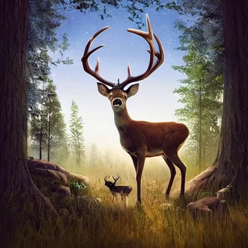 Image similar to Hunter hunting a beautiful deer, a tree of life in the background + beautiful digital art + trending on artstation + 8k