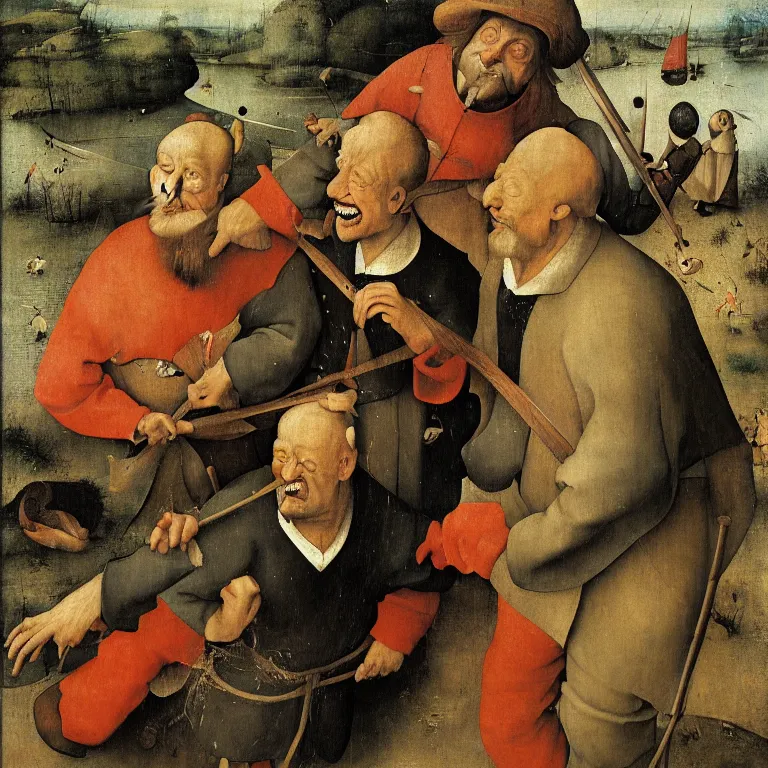 Prompt: The portrait of three sarcastic men with a lot of fish running away from Grim Reaper who laughs and follow them, by Hieronymus Bosch and Pieter Bruegel inspired by Terry Pratchett, super detailed oil painting, hyper realistic faces, 4k, masterpiece