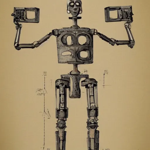 Image similar to technical drawing of ancient womanized!! humanoid robot, symmetrical, anatomically correct, full body length, old historical photo, ancient paper, photorealistic