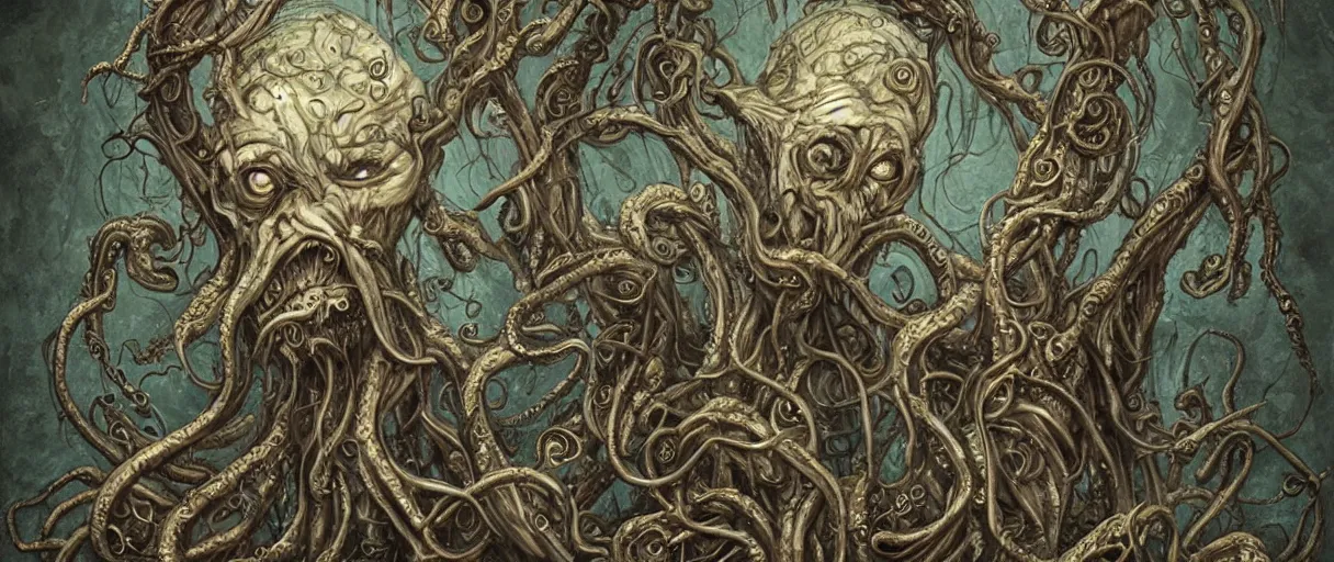 Image similar to centered horrifying detailed portrait of a insane, crazed, mad old man as cthulhu, eldritch abomination, dunwitch horror, lovecraft bleeding ornate tentacles growing around, ornamentation, thorns, vines, tentacles, elegant, beautifully soft lit, full frame, 8 k by wayne barlowe, peter mohrbacher, kelly mckernan, h r giger