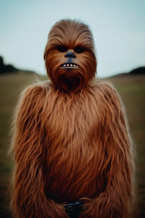 Image similar to photographic portrait of chewbacca with a balding head, cinematic photography, 35mm, evening light