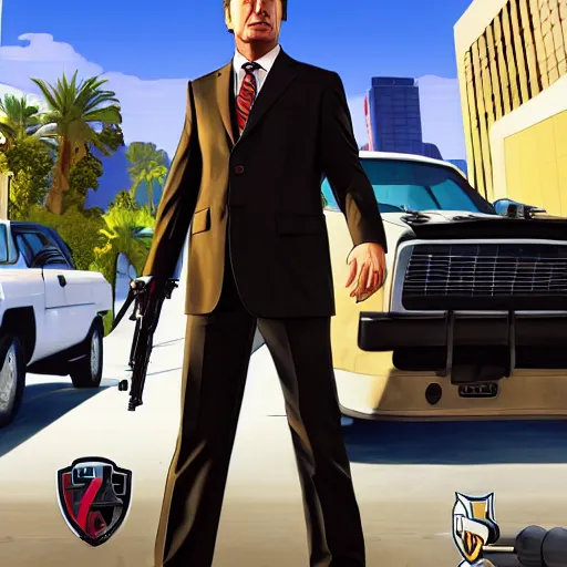 Prompt: saul goodman standing in the sun holding a smg gun, grand theft auto 5 artwork