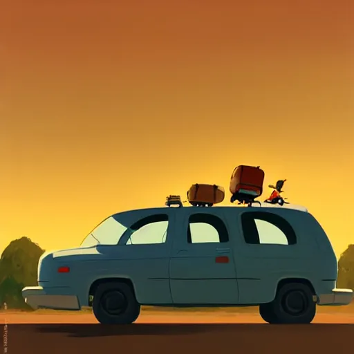 Image similar to goro fujita ilustration rear view of a car equipped with suitcases heading to the forest at sunset, painting by goro fujita, sharp focus, highly detailed, artstation