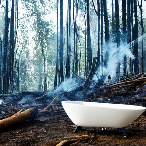 Prompt: pristine porcelain bath filled with bubbles in a clearcut rainforest, slash and burn, cleared forest, deforestation, bath overflowing with bubbles, tree stumps, smouldering charred timber