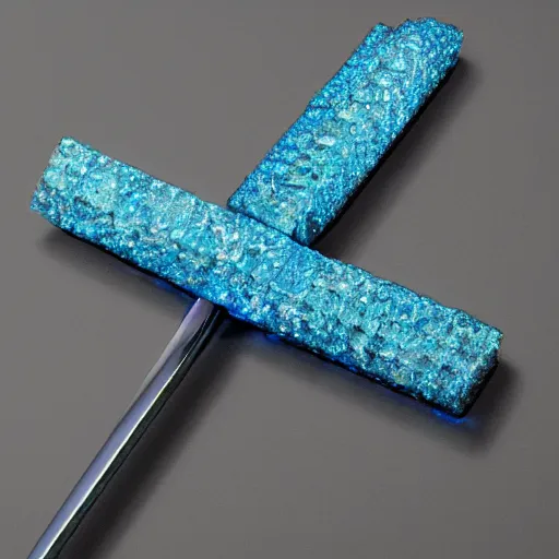 Prompt: a realistic pickaxe made from blue diamonds