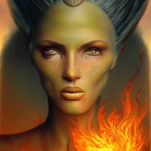 Prompt: A stunning portrait of a goddess with a body of flames by Jim Burns, fantasy, Trending on artstation.